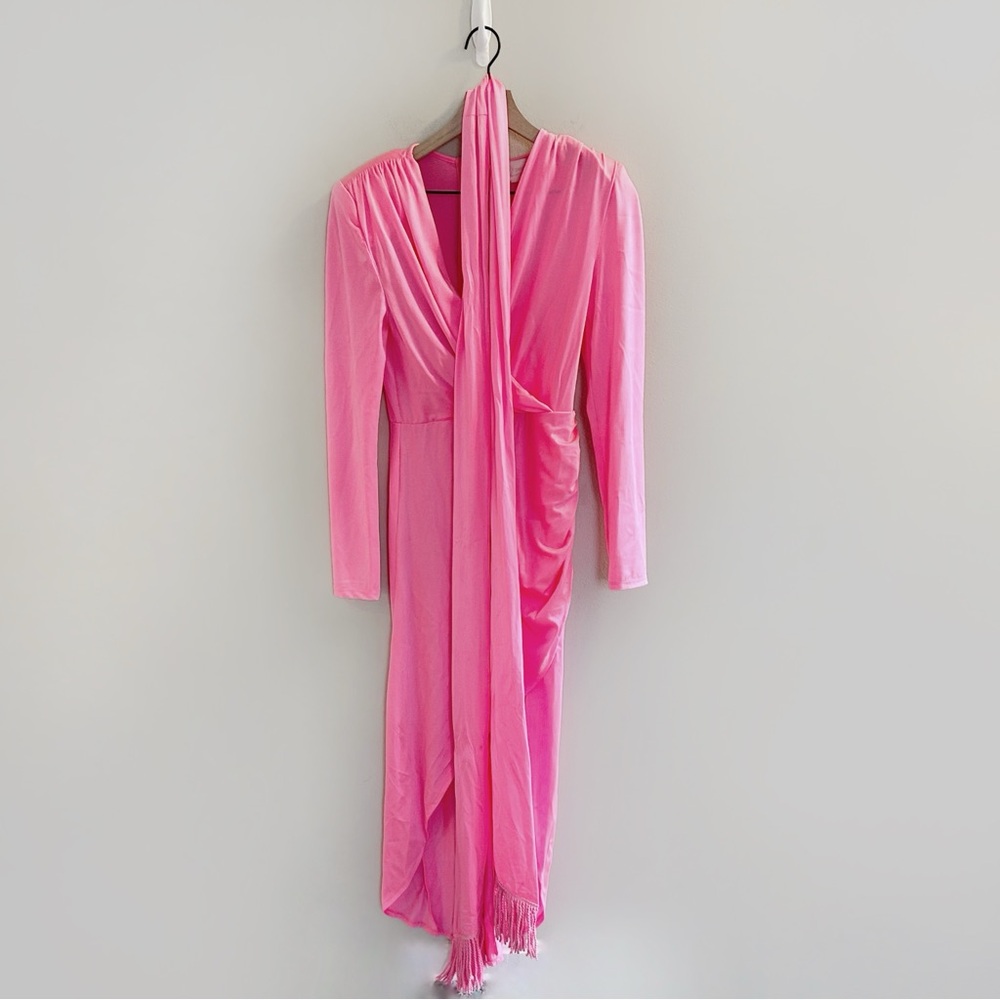 Bronx and Banco Electric Pink Maxi Sash Waist Dress Size Large Long Sleeve Slit - Picture 5 of 16